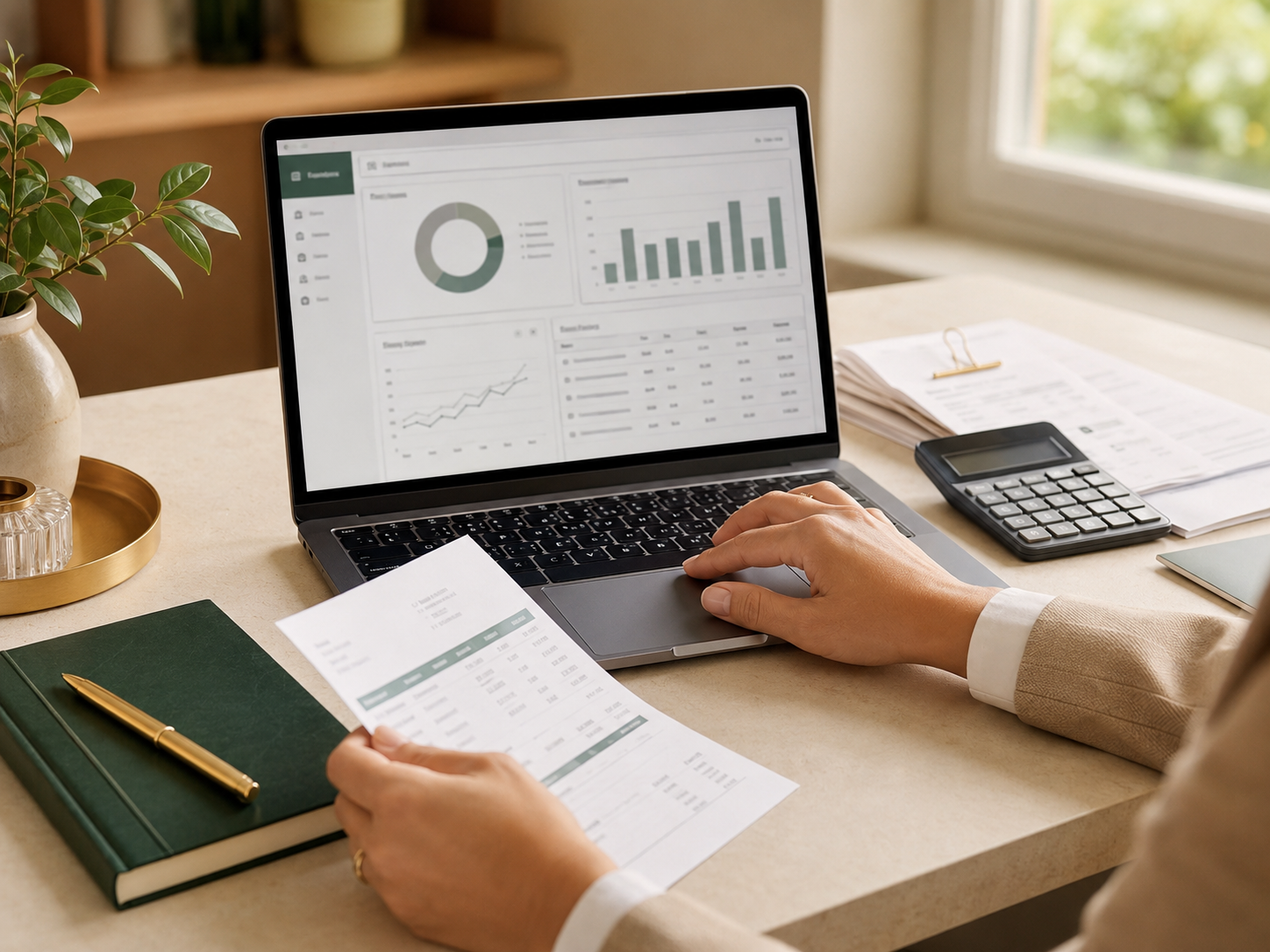 Bookkeeping work with financial reports, a laptop, and a calculator