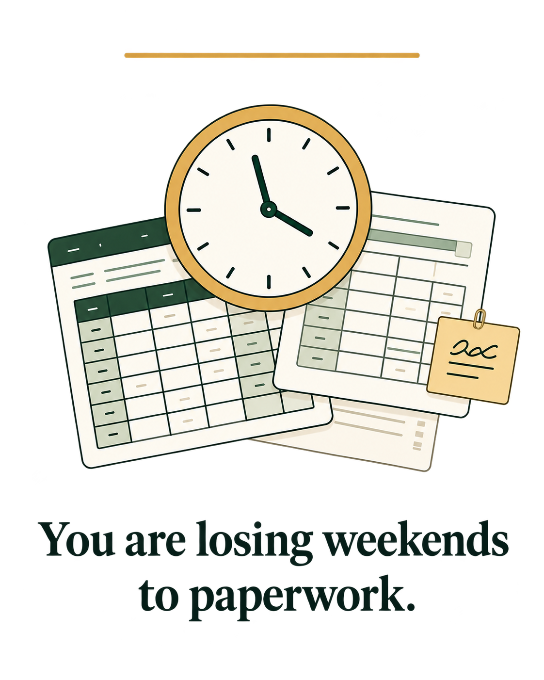 A clock over bookkeeping paperwork with the message: You are losing weekends to paperwork.